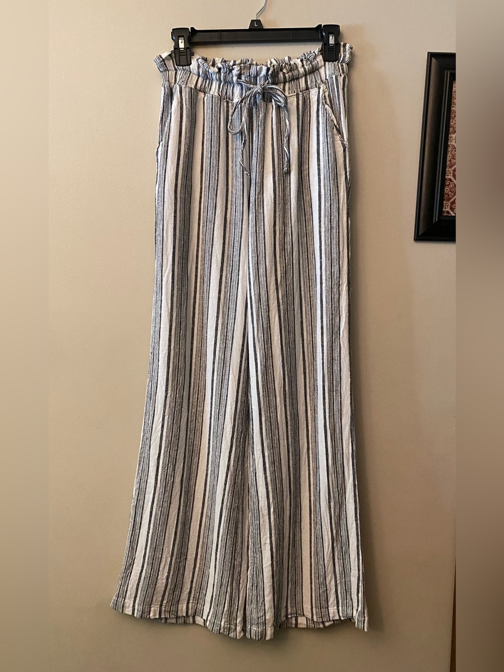 Rewash linen Striped Wide-Leg Drawstring Pants - Blue & White